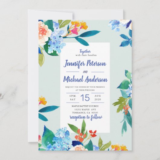 Dusty Blue & Peach Floral Wedding Invitation Kaart (Voorkant)