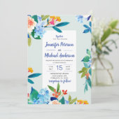 Dusty Blue & Peach Floral Wedding Invitation Kaart (Staand voorkant)
