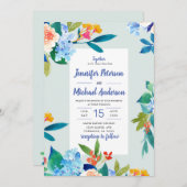Dusty Blue & Peach Floral Wedding Invitation Kaart (Voorkant / Achterkant)