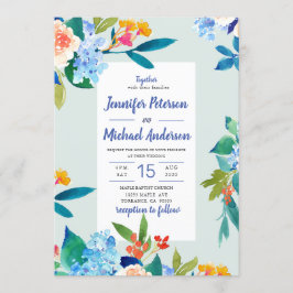 Dusty Blue & Peach Floral Wedding Invitation Kaart