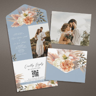 Dusty Blue Peach Floral Wedding QR-code All In One Uitnodiging