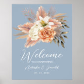 Dusty Blue Peach Floral Wedding Welkom Poster (Voorkant)