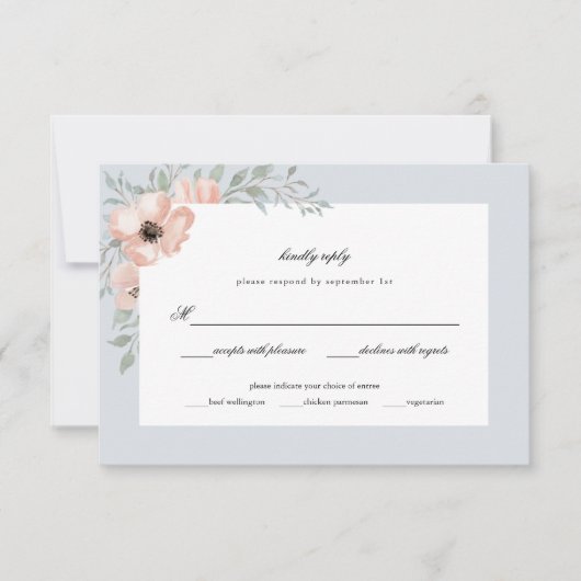 Dusty Blue Peach Flowers Waterverf Wedding RSVP Kaartje (Voorkant)