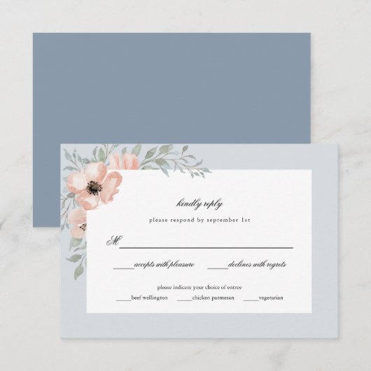 Dusty Blue Peach Flowers Waterverf Wedding RSVP Kaartje (Voorkant / Achterkant)