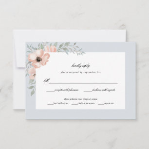 Dusty Blue Peach Flowers Waterverf Wedding RSVP Kaartje