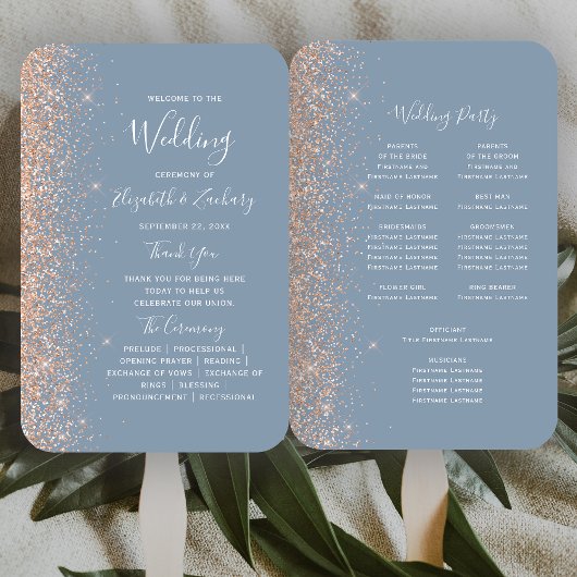 Dusty Blue Peach Glitter Edge Wedding Program Handwaaier