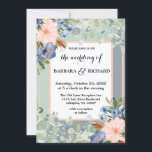 Dusty Blue Peach Green Wedding Kaart<br><div class="desc">Deze verbluffende trouwuitnodiging bevat een gespleten achtergrond van stoffig blauw en licht groen met mooie bloemen, eucalyptusgroen en een perzikzige grens. Je zou het kunnen voelen alsof je in een glorieuze tuin stond. Witte lettertjes en kalligrafie zijn een perfecte aanvulling op de mooie bloemen. Een mooie ontwerpkeuze om de toon...</div>