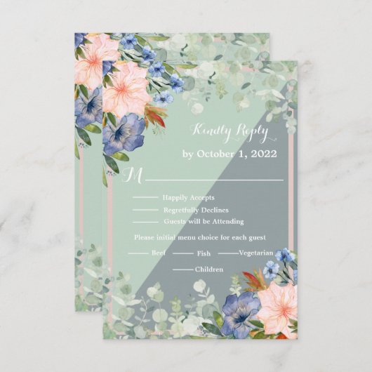 Dusty Blue Peach Green Wedding RSVP Kaartje (Voorkant / Achterkant)