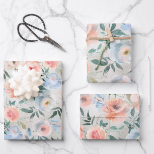 Dusty Blue & Peach Pink Peony Garden Wrapping Pape Inpakpapier Vel
