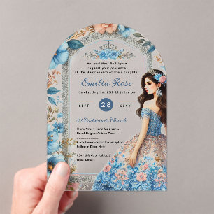 Dusty BLUE Peach Quinceañera Jurk Floral Quince Acryl Uitnodigingen