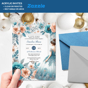 Dusty BLUE Peach Quinceañera Jurk Floral Quince Acryl Uitnodigingen