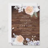 Dusty Blue & Peach rustieke houten bruiloft Kaart (Voorkant)