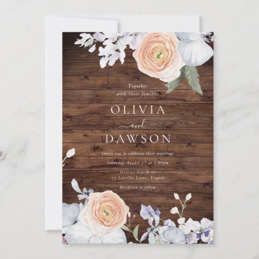 Dusty Blue & Peach rustieke houten bruiloft Kaart (Voorkant)