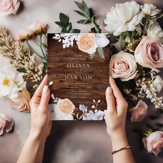 Dusty Blue & Peach rustieke houten bruiloft Kaart