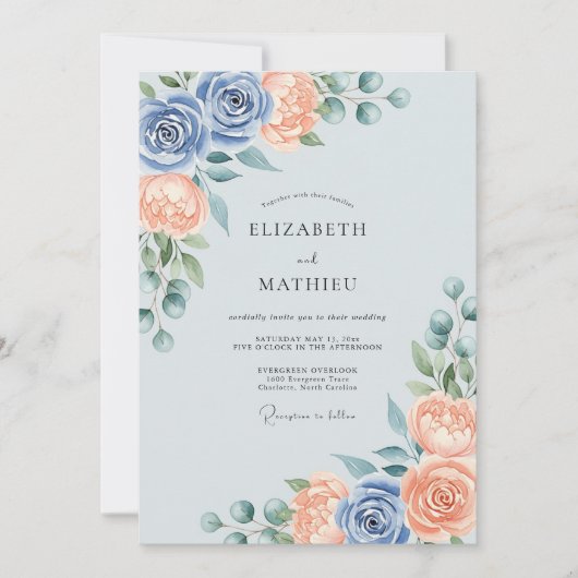 Dusty Blue Peach Splendid Spring Wedding Kaart (Voorkant)