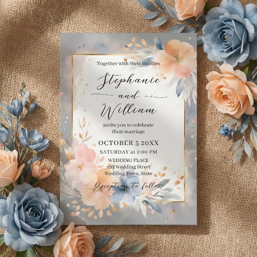Dusty Blue Peach Watercolor Floral Gold Wedding Kaart