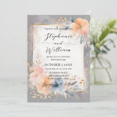 Dusty Blue Peach Watercolor Floral Gold Wedding Kaart (Staand voorkant)