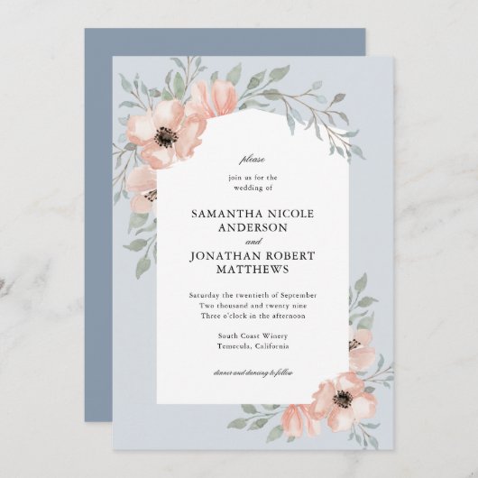 Dusty Blue Peach Waterverf Bloemenbruiloft Kaart (Voorkant / Achterkant)