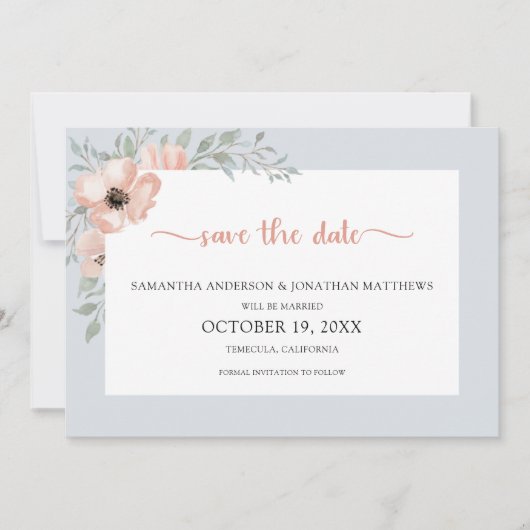 Dusty Blue Peach Waterverf Floral Save the Date (Voorkant)