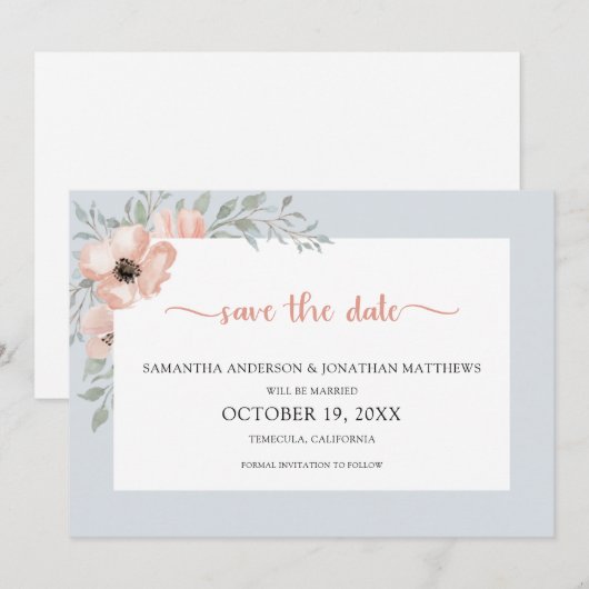Dusty Blue Peach Waterverf Floral Save the Date (Voorkant / Achterkant)