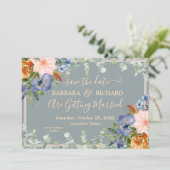 Dusty Blue Peach Weddenschap Save Date Kaart (Staand voorkant)