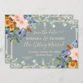 Dusty Blue Peach Weddenschap Save Date Kaart (Voorkant / Achterkant)