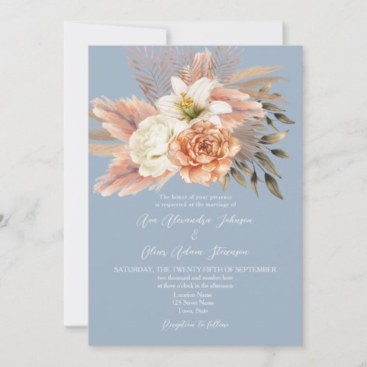 Dusty Blue Peach Wedding QR Uitnodigen Kaart (Voorkant)