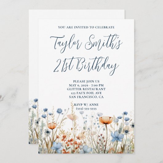 Dusty Blue Peach Wildflowers 21e verjaardag Kaart (Voorkant / Achterkant)
