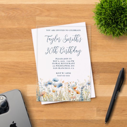 Dusty Blue Peach Wildflowers 30e verjaardag Acryl Uitnodigingen (Insitu (Uitnodiging))