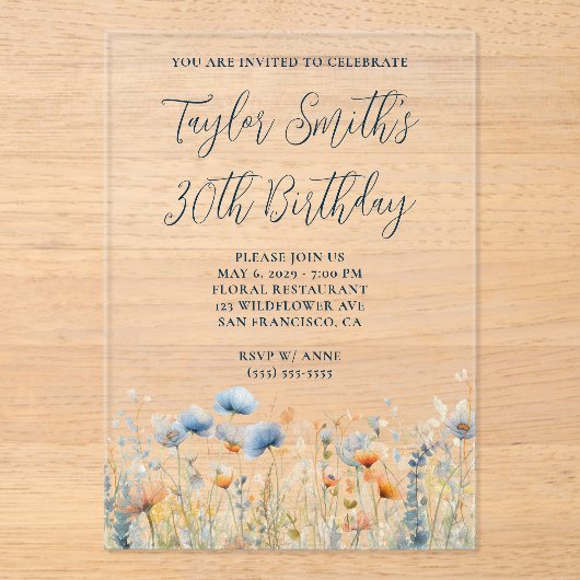 Dusty Blue Peach Wildflowers 30e verjaardag Acryl Uitnodigingen (Voorkant)