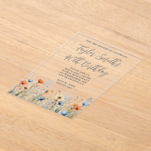 Dusty Blue Peach Wildflowers 40e verjaardag Acryl Uitnodigingen (Laagn)