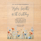 Dusty Blue Peach Wildflowers 40e verjaardag Acryl Uitnodigingen (Voorkant)
