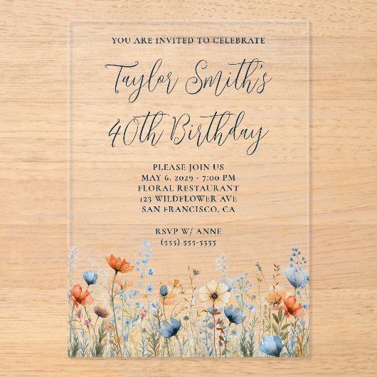 Dusty Blue Peach Wildflowers 40e verjaardag Acryl Uitnodigingen (Voorkant)