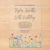 Dusty Blue Peach Wildflowers 50ste verjaardag Acryl Uitnodigingen (Voorkant)