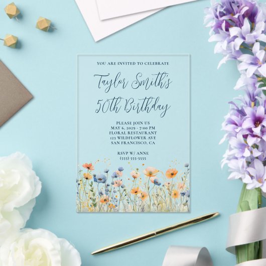 Dusty Blue Peach Wildflowers 50ste verjaardag Acryl Uitnodigingen (Insitu (Huwelijk))
