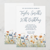 Dusty Blue Peach Wildflowers 50ste verjaardag Kaart (Voorkant / Achterkant)