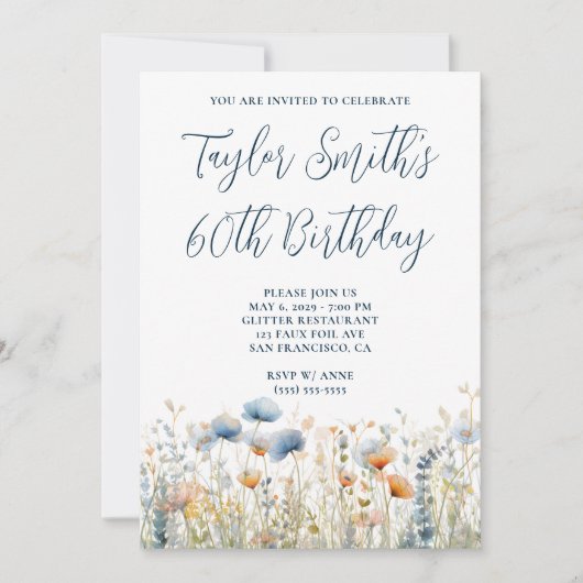 Dusty Blue Peach Wildflowers 60e verjaardag Kaart (Voorkant)
