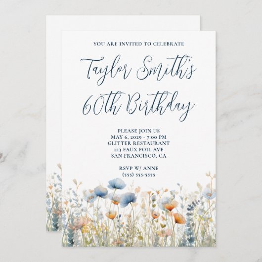 Dusty Blue Peach Wildflowers 60e verjaardag Kaart (Voorkant / Achterkant)