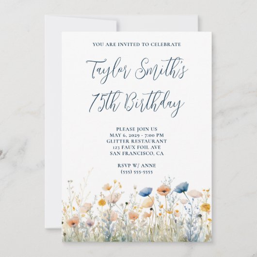 Dusty Blue Peach Wildflowers 75e verjaardag Kaart (Voorkant)