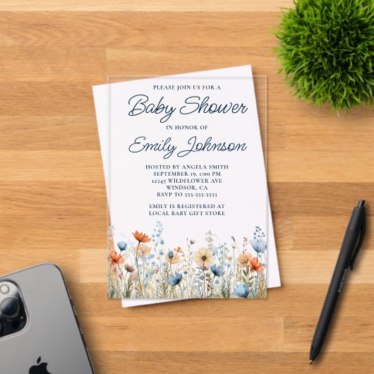 Dusty Blue Peach Wildflowers Baby shower Acryl Uitnodigingen (Insitu (Uitnodiging))