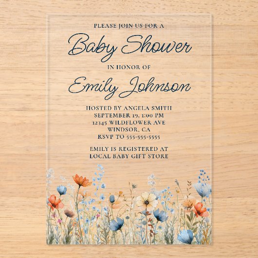 Dusty Blue Peach Wildflowers Baby shower Acryl Uitnodigingen (Voorkant)
