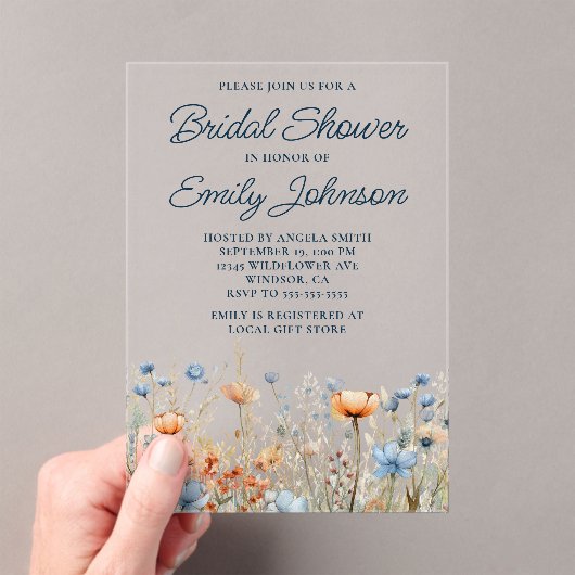 Dusty Blue Peach Wildflowers Vrijgezellenfeest Acryl Uitnodigingen (Insitu (Draagbaar))