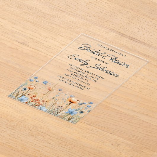 Dusty Blue Peach Wildflowers Vrijgezellenfeest Acryl Uitnodigingen (Laagn)