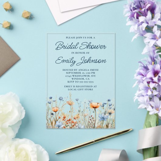 Dusty Blue Peach Wildflowers Vrijgezellenfeest Acryl Uitnodigingen (Insitu (Huwelijk))