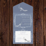 Dusty Blue Peacock bloeit in één uitnodiging<br><div class="desc">Nodig gasten uit voor je aanstaande bruiloft met een Dusty Blue Peacock Flourish All in One Wedding Invite. Nodig ontwerp uit kenmerkt een elegante pauw die met bloei met een geperforeerde reactiekaart wordt bewandeld. Personaliseer met de bruom en de namen van de bruid samen met de trouwdatum en de plaats....</div>