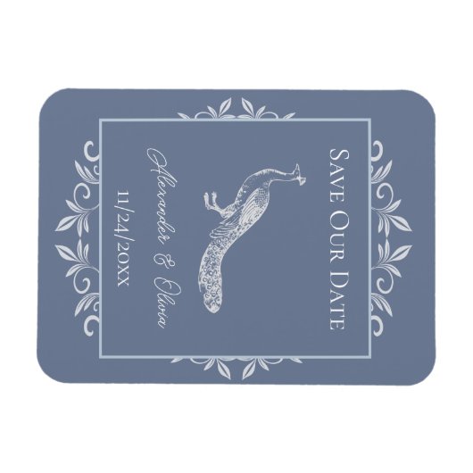 Dusty Blue Peacock Flourish Save the Date Magnet Magneet (Horizontaal)
