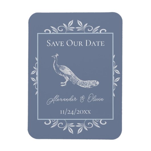 Dusty Blue Peacock Flourish Save the Date Magnet Magneet (Verticaal)