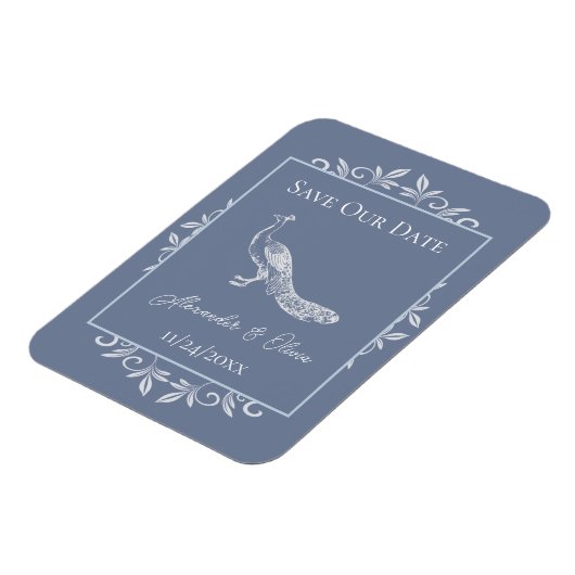 Dusty Blue Peacock Flourish Save the Date Magnet Magneet (Linkerzijde)