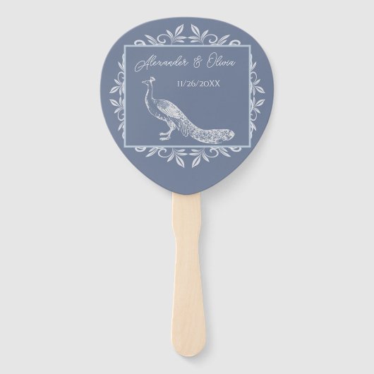 Dusty Blue Peacock Flourish Wedding Favor Hand Fan Handwaaier (Voorkant)
