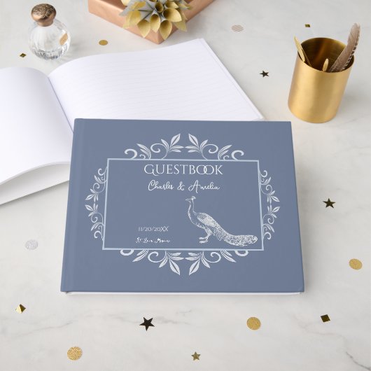 Dusty Blue Peacock Flourish Wedding Guest Book Gastenboek (Voorkant open)